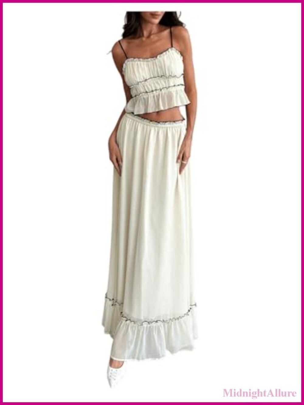 2 Piece Contrast Trim Ruffle Hem Cami Maxi Skirt Set